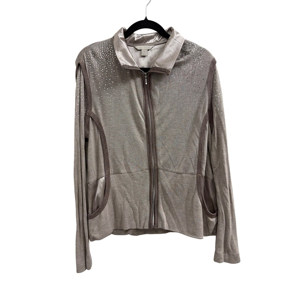 Jacket Zip Up Y2K Laura Ashley Women L Taupe Rhinestone Satin Trim Ribbed Knit